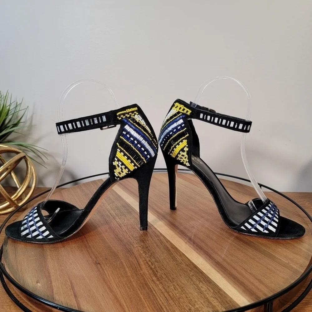 Nicole Miller Beaded Heels Multi Color Seed Bead Black Leather Stiletto Size 7.5